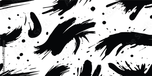 Vector illustration of a black eagle silhouette with spread wings flying over an artistic ink splat grunge background featuring wild bird feathers and hawk animal art symbols