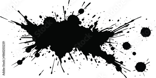 Grungy black ink splat and liquid paint blots create a dirty spray texture with artistic splatter drips and graffiti brush stains on a vector illustration background element