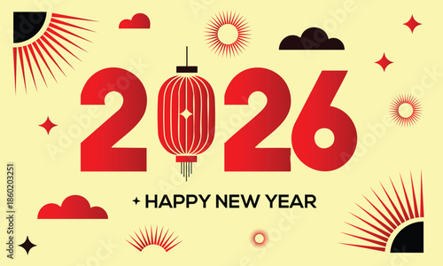 2026 Lunar New Year Greeting with Red Lantern, Stylized 2026 Celebration Design with Celestial Motifs, Modern Graphic "Happy New Year 2026" Illustration, illustration, vector