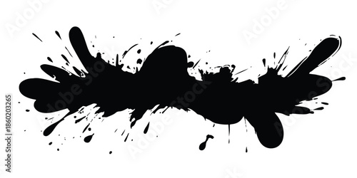 Black ink splat and grunge blots with paint splashes create a vector splatter illustration featuring dirty stains and liquid drip patterns on a textured silhouette design element