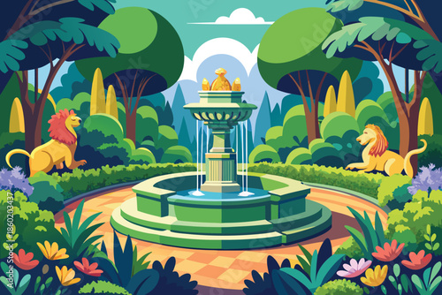 Lush garden fountain with lion statue illustration