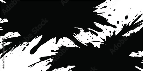 Black ink splat vector illustration featuring a grunge paint texture with a dirty splatter spray pattern and an artistic drip border element on a silhouette stain background