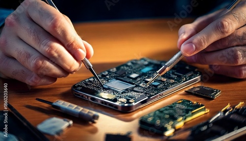 Close-up of skilled hands meticulously repairing a modern smartphone, showcasing intricate internal components and precision tools on a wooden workbench