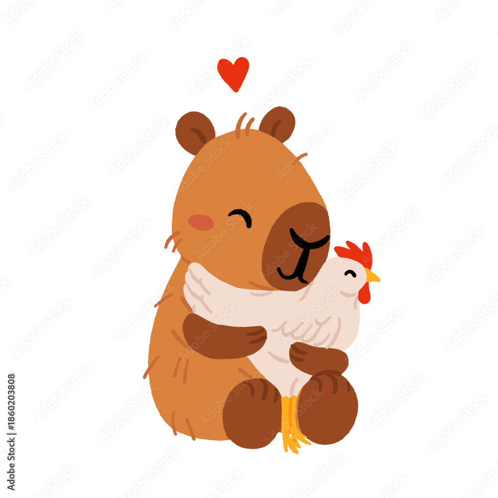 Obraz premium Cozy Cottage Capybara Life Vector Set with Farm Animals, Gardening, Home Activities, Slow Living, Hygge Lifestyle, Cute Cartoon Illustration Collection