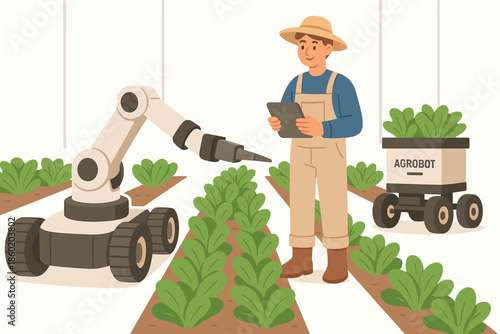 Expert worker managing autonomous robot systems via a smart tablet in a modern agricultural field.