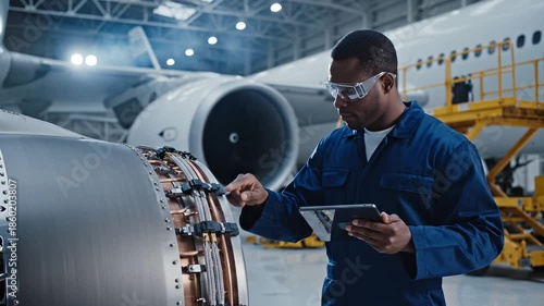 Aircraft mechanic uses tablet for jet engine inspection in airplane hangar. Technician performs aircraft maintenance with tablet. Mechanic inspects jet engine with tablet for aviation safety check in