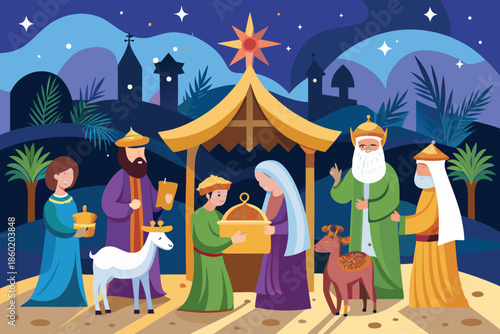 Nativity scene with wise men religious illustration