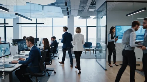 Modern Corporate Office Environment with Busy Professionals Working and Collaborating in Open Space