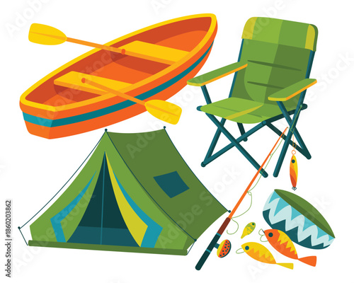 Camping and fishing equipment with boat and tent