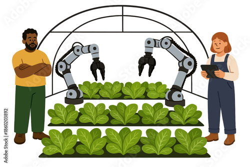 Modern technology equipped greenhouse experts supervising smart agricultural robots.