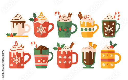 Collection of christmas hot chocolate mugs with whipped cream and candy canes