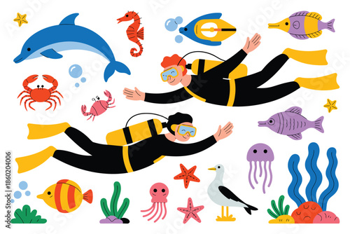 Scuba divers exploring underwater world with marine life