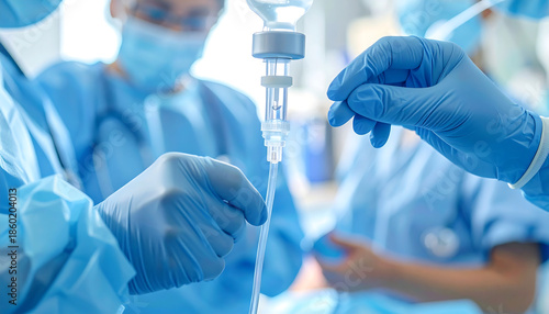 Healthcare professionals in sterile scrubs and masks, focused on a medical drainage procedure in a surgery room