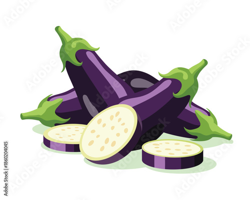 Fresh eggplant slices on white background