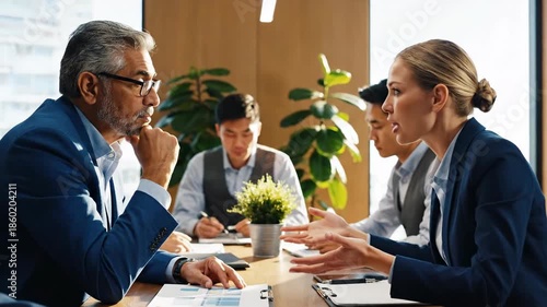 Business Meeting in Bright Office Setting Showcasing Team Collaboration and Discussion Dynamics