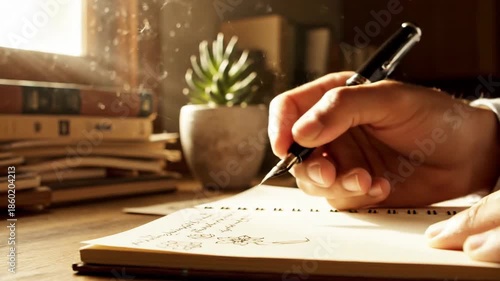 Close-up of hand writing in notebook with warm natural lighting capturing intimate creative moment