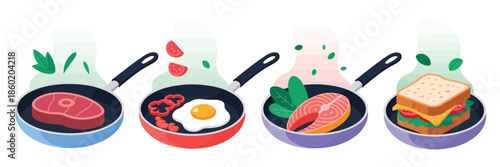 Delicious breakfast foods cooking in pans