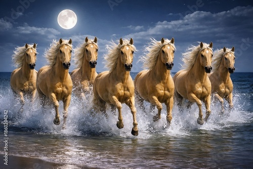 Seven Golden Horses Running in Ocean Water Under Moonlight Ai Genreted 