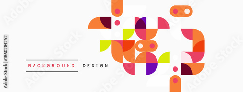 Abstract geometric shapes, vibrant colors, modern design. Background features circles, squares, playful composition.