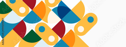 Abstract geometric shapes overlap, creating vibrant colorful pattern. Circles, semicircles dominate composition, set against white background.