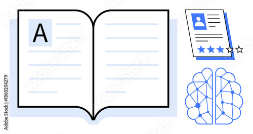 Open book with text and character, evaluation report with stars, neural network. Ideal for education, learning, research, literacy, evaluation data analysis brain science. Simple flat metaphor
