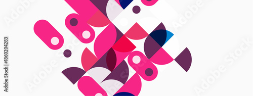 Abstract geometric shapes, pinks, purples, blues overlap white background. Modern design, vibrant colors, playful composition.