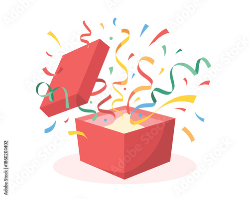 Celebratory red gift box with colorful confetti and ribbons
