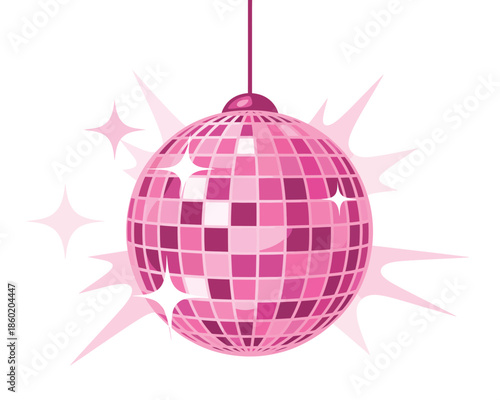 Pink disco ball hanging from ceiling with sparkling lights