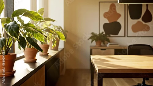 Bright and Minimalist Home Office with Indoor Plants for a Cozy Workspace