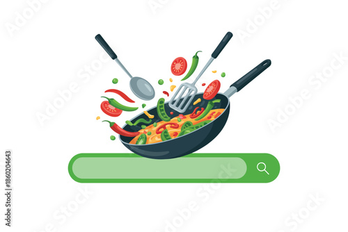 Delicious stir fry vegetables in a wok pan with utensils