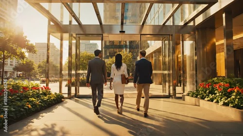 Elegant business professionals walking into modern office building during sunset showcasing urban work environment and teamwork