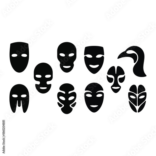 Abstract mask-like vector silhouette set.