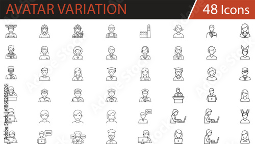 Diverse professional and occupational icons set featuring doctors, engineers, teachers, chefs, police, and office workers for HR materials, career websites, educational content, and corporate 