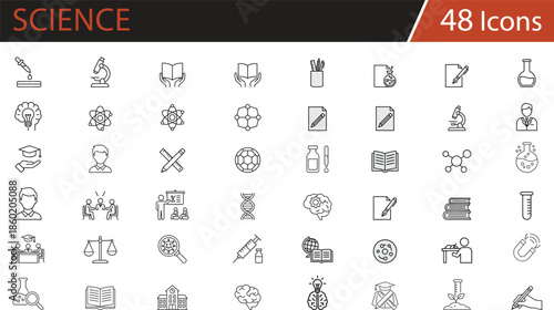 Education, science, and research icons set featuring learning, experiments, books, graduation, and academic tools for schools, universities, e-learning platforms, scientific publications