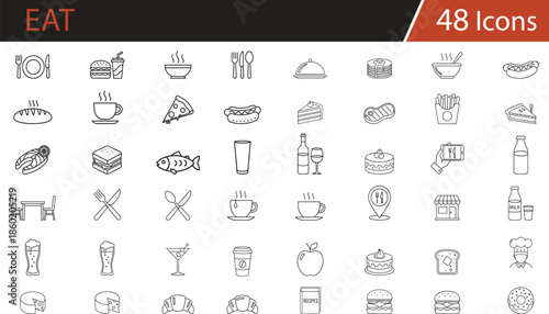 Food, beverage, and dining icons set featuring meals, snacks, drinks, restaurants, recipes, and culinary tools for menus, food delivery apps, cooking blogs, and restaurant marketing materials.