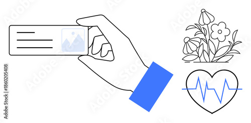 Identity verification, healthcare, security, environmental care, wellness, personal information. Hand holds ID card, flower illustration heart shape with ECG line. Identity verification