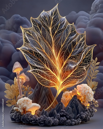 Luxurious mystical floral illustration with golden veins high resolution picture