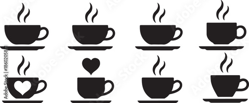 Coffee mug and tea cup vector icon set. Black silhouette collection with steam and heart symbols for cafe logo, coffee shop branding, menu design or hot drink element.