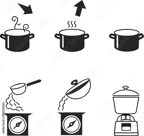 cooking process icons with pot ladle blender and steam symbols