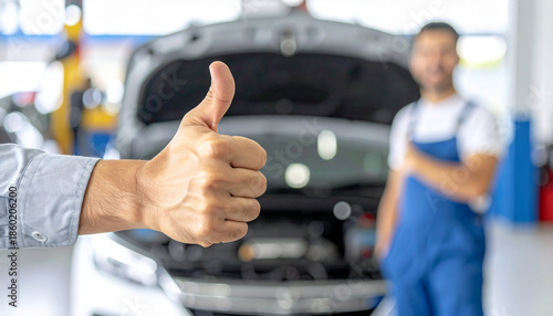 Thumb up gesture in focus with blurred mechanic in blue uniform and car hood open in background, expressing satisfaction and approval in automotive service environment