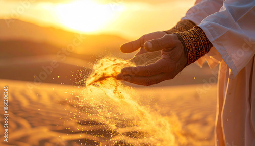 Hands wearing traditional woven sleeves gently releasing sand in glowing desert landscape at sunset, evoking peaceful and serene atmosphere with warm golden light