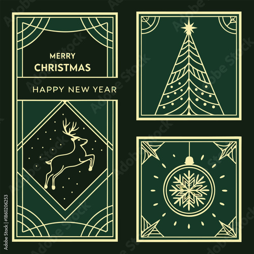 christmas and new year festive graphic with gold outline on green surface