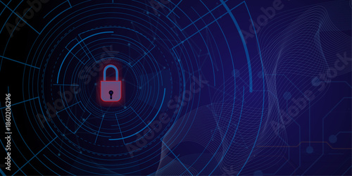 Cybersecurity and information or network protection. Padlock on a futuristic circuit background. Data privacy and internet security.