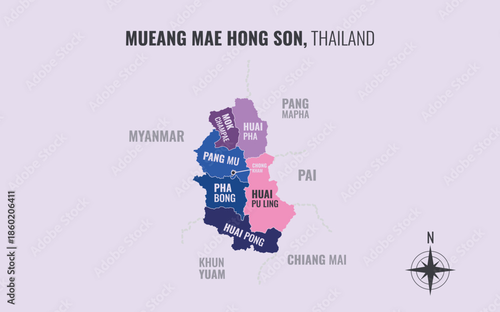 Naklejka premium Map showing Mueang Mae Hong Son District Mae Hong Son Thailand divided into sub districts with minimalist colorful patterns