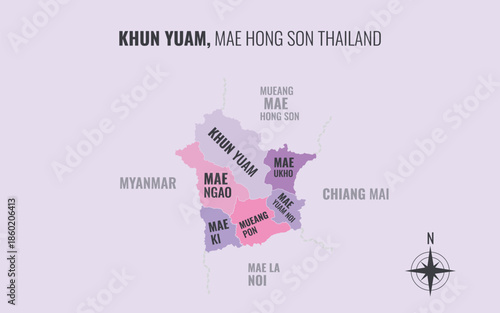 Map showing Khun Yuam District Mae Hong Son Thailand divided into sub districts with minimalist colorful patterns