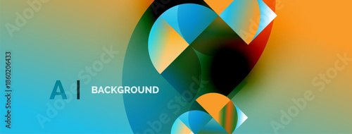 Abstract design features vibrant overlapping circles, gradients. Text reads AI BACKGROUND in lower left corner. Colors include blue, orange, green.