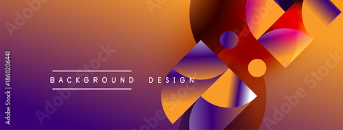 Abstract gradient background. Geometric shapes overlap, creating dynamic visual effect. Purple, orange hues dominate composition. Text reads background design.