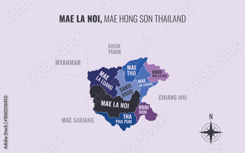 Map showing Mae La Noi District Mae Hong Son Thailand divided into sub districts with minimalist colorful patterns