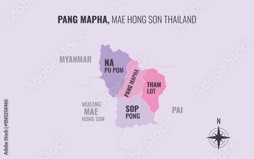 Map showing Pang Mapha District Mae Hong Son Thailand divided into sub districts with minimalist colorful patterns