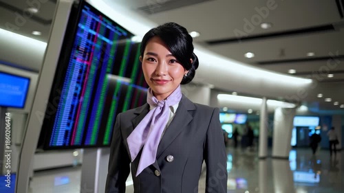 Wallpaper Mural Confident woman in gray uniform poses at airport info screen. Mature professional leader in elegant attire. Smiling businesswoman in airport hall. Woman with uniform and business presence. Torontodigital.ca